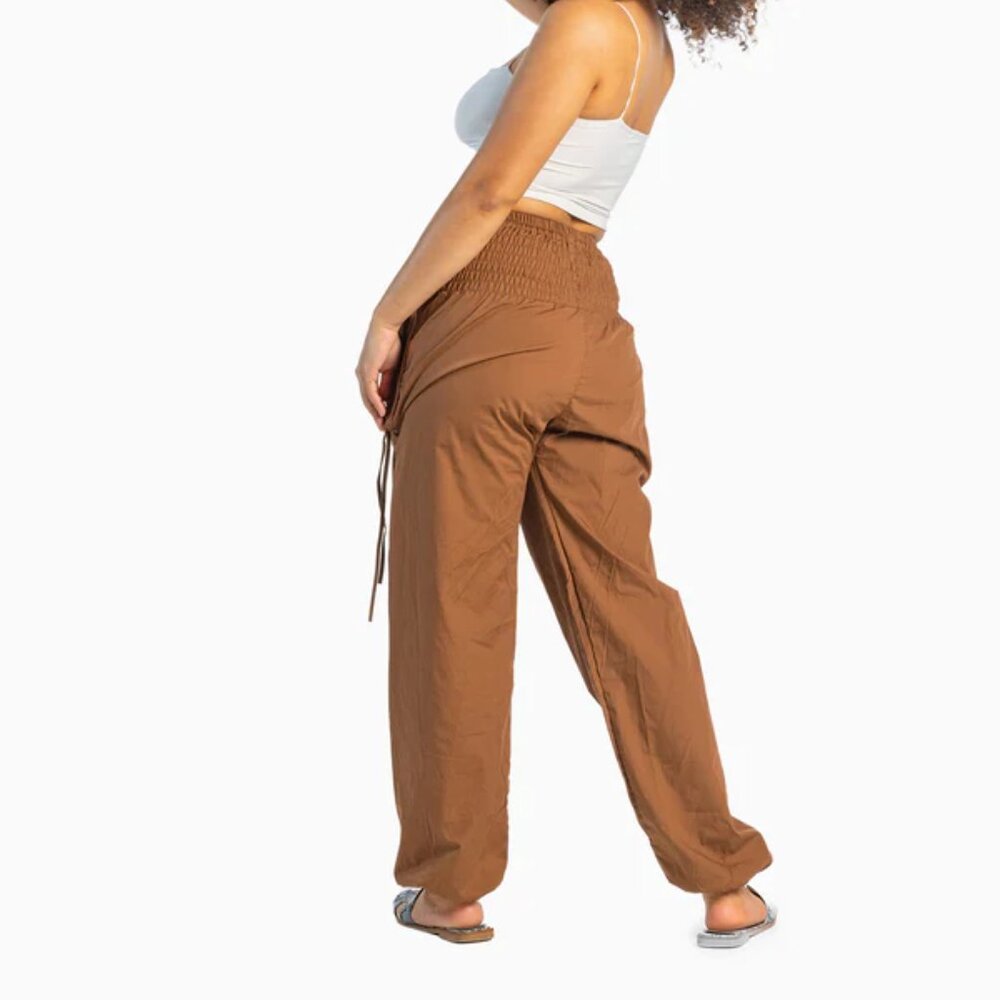 Bali Pant Smocked Waist Accent Tapered Leg Outdoor Travel Pockets Pants Brown